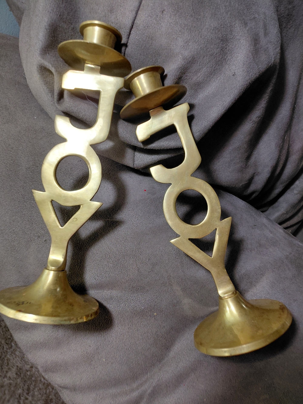 Solid Brass 8.5"" Joy Letter Candlestick Pair